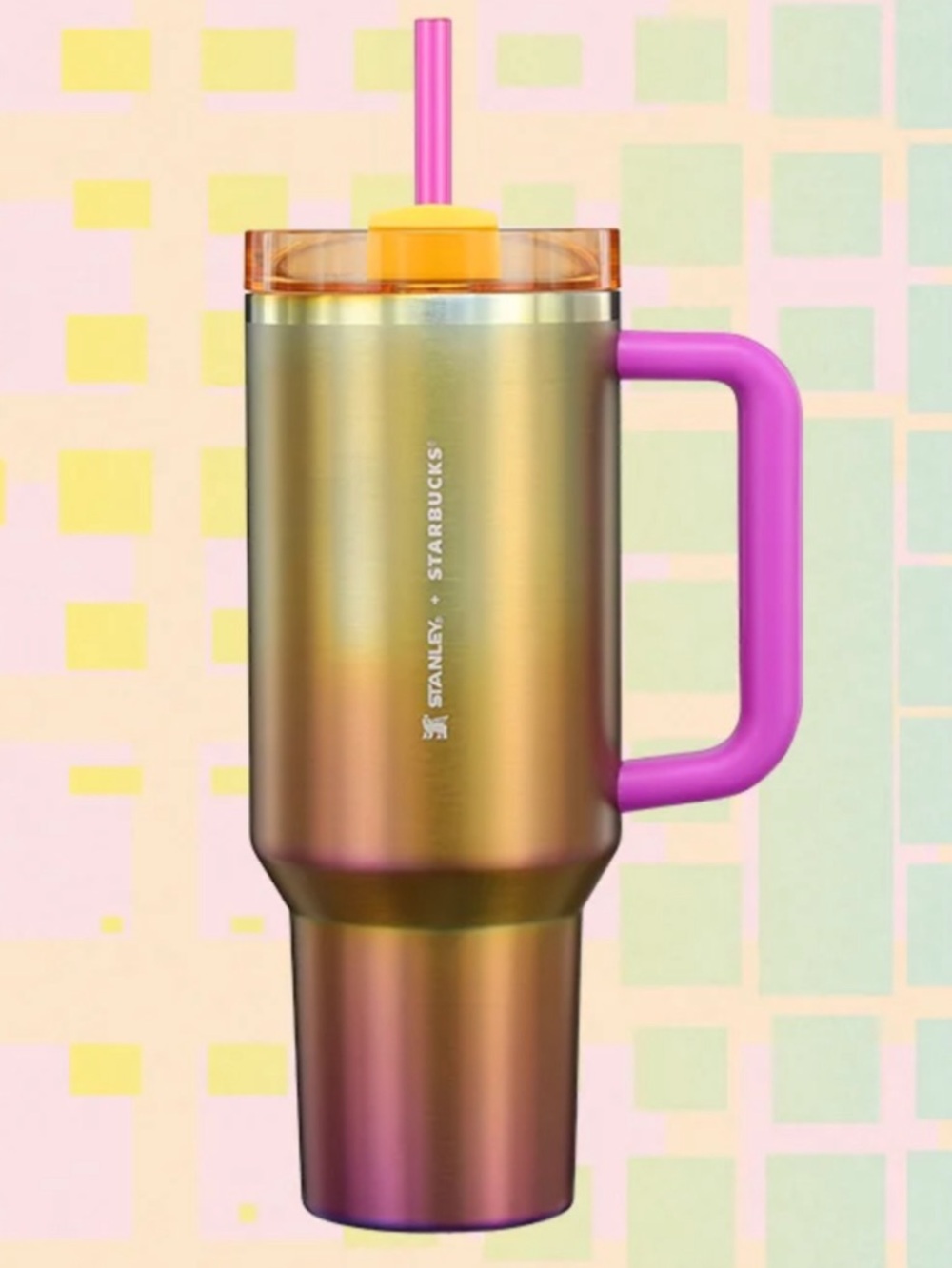Stanley Iridescent Gold Travel Tumbler with Pink Handle. Brand new never used!